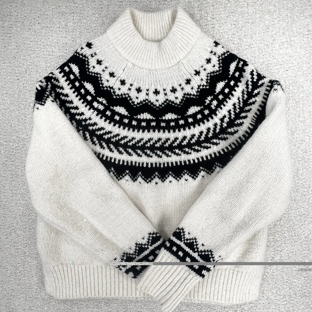 Abercrombie & Fitch Sweater Women S Fair Isle Nordic Chunky Knit Cream Black EUC